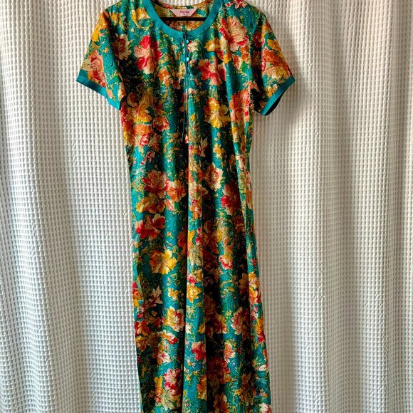 Hana silky teal floral print maxidress/house dress/swim coverup women's medium - Picture 5 of 5